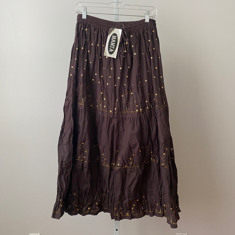 Mamta Cotton Boho Fairy Peasant Sequin Embroidered Tiered Maxi Skirt Long Brown